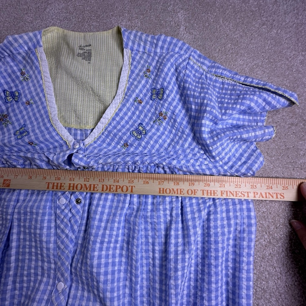Vtg Secret Treasures Seersucker Night Gown Floral Snap Front 2XL Blue Butterfly - Picture 5 of 6